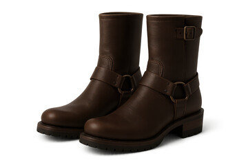 Stylish brown leather biker boots isolated on transparent background, fashion accessory