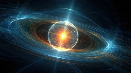 Obraz premium A vibrant cosmic scene featuring a glowing sphere at the center, surrounded by swirling energy and light, creating a dynamic sense of movement in space.
