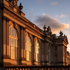 Obraz premium Ornate historic building bathed in golden hour light, reflecting grandeur and classical elegance at sunset
