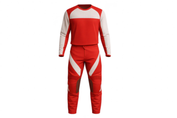 Full red and white motocross racing gear, isolated on transparent background, new
