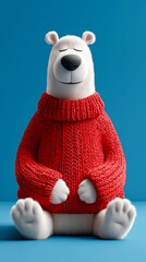 Cute cartoon polar bear in red knitted sweater sitting calmly with eyes closed against blue background. Concept of warmth, relaxation, and cozy winter mood.