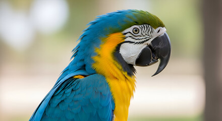 Fototapeta premium Blue and Gold Macaw Portrait - A Colorful Parrot in Focus.