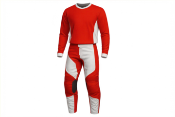 Red and white motocross suit or racing gear isolated on transparent background.