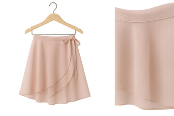 Light pink wrap ballet skirt on a wooden hanger, isolated on transparent background