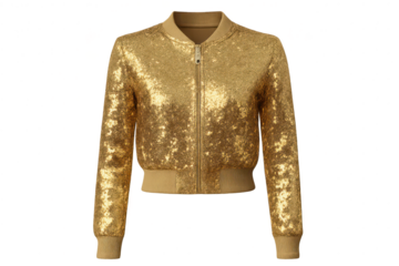 Fashionable gold sequined bomber jacket isolated on transparent background