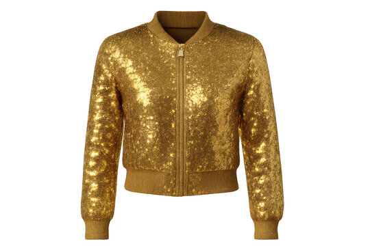Shimmering golden sequined bomber jacket isolated on transparent background.