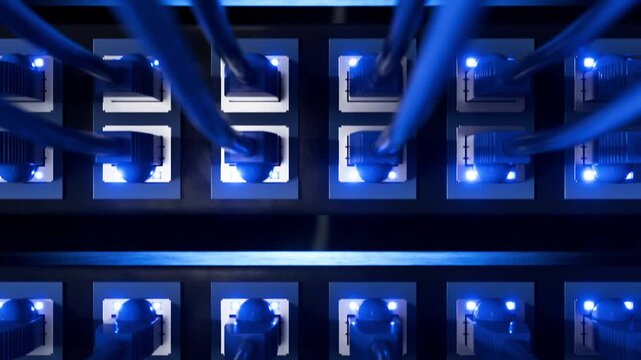 Seamless animation. Close-up of a modern internet switch with connected Ethernet cables. Blinking blue lights on the internet switch. Internet connection concept. Bypassing internet blocking. VPN.