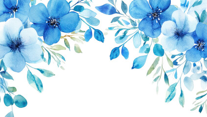 A serene watercolor illustration featuring delicate blue flowers and lush green leaves. beautifully arranged along the edges. creating a tranquil and inviting atmosphere for various design uses