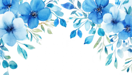 A serene watercolor illustration featuring delicate blue flowers and lush green leaves. beautifully arranged along the edges. creating a tranquil and inviting atmosphere for various design uses