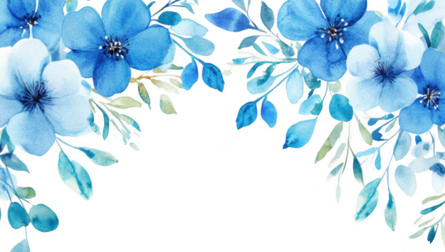 A serene watercolor illustration featuring delicate blue flowers and lush green leaves. beautifully arranged along the edges. creating a tranquil and inviting atmosphere for various design uses - Powered by Adobe