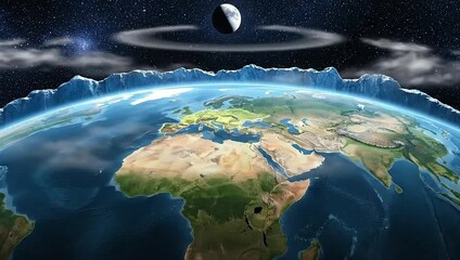 3D animated short video illustrating the Flat Earth concept with a flat circular Earth, visible continents and oceans, and massive ice wall at the edge. Realistic sun and moon moving in circular paths