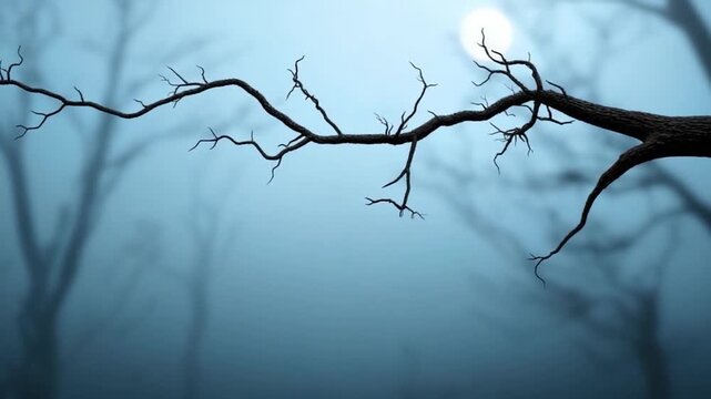 Eerie moonlit forest scene with bare branches silhouetted against a foggy backdrop