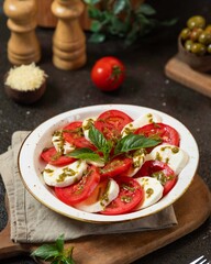 Fresh tomato and mozzarella salad garnished with basil on a rustic table during lunchtime