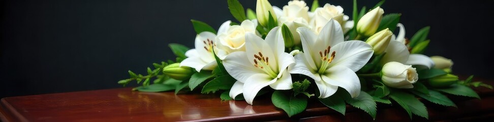 Fototapeta premium A somber yet elegant arrangement of white lilies and roses, accented with greenery, rests on a dark wooden casket Perfect for sympathy, grief, remembrance, and loss imagery , white, service