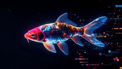 A mesmerizing digital-koi swimming amidst glowing data-streams, showcasing a vibrant holographic-prism rainbow of colors and futuristic luminescence