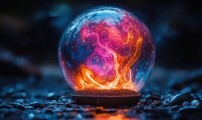 Abstract sphere with vibrant colors, glowing within a dark setting