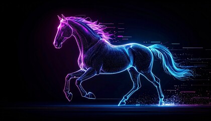 Dynamic Digital Horse Galloping - Abstract Neon Hologram with Glitching Effects and Fragmented Pixels, Illustrating Futuristic Speed and Technology