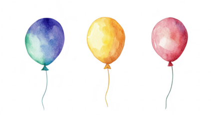 A illustration featuring three colorful balloons in shades of purple. yellow. and red. gently floating against a white background. perfect for celebrations or festive occasions