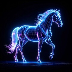 Vibrant digital horse-hologram - a radiant neon-lit wireframe illustration, capturing futuristic technology and dynamic energy against a dark, abstract setting
