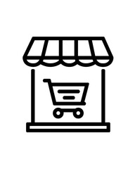 Storefront line icon with awning and cart symbol representing e-commerce retail