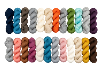Collection of colorful yarn skeins isolated on transparent background, perfect for knitting, crocheting, and crafting projects with a variety of vibrant hues