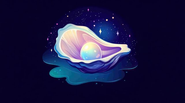 Luminous pearl in stylized shell nestled on rippling water with starry cosmic backdrop