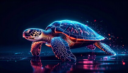 Futuristic neon-glowing turtle with digital hologram aesthetic, vibrant light, and subtle pixel-glitch effects on a reflective dark surface