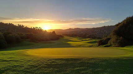 Scenic Golf Course at Sunset with Rolling Greens