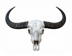View of a Buffalo skull with long horns isolated on white background