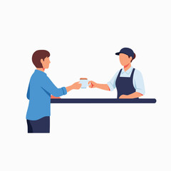 Obraz premium Customer receiving coffee from barista at a coffee shop counter, vector illustration, drink serving concept