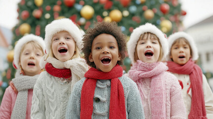 joyful scene of children singing christmas carols in school choir standing in front of beautifully decorated tree