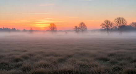 Tranquil Serene Foggy Landscape at Dawn Over a Grassy Field
