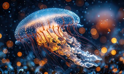 Bioluminescent jellyfish in dark water with bokeh