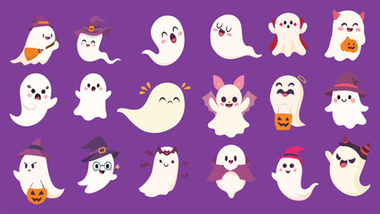 Cute Halloween Ghost Characters Vector Illustration Set