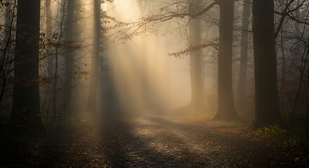 Naklejka premium Atmospheric Misty Forest Scene with Sunlight Breaking Through the Fog