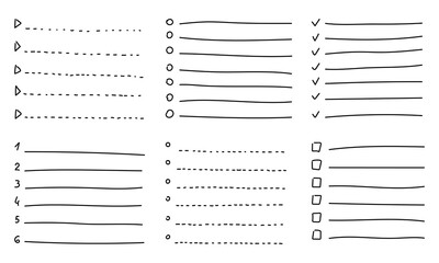 Hand-drawn doodle bullet list set with sketch bullets, checkboxes, numbers, arrows, lines, and dividers. Black outline, vector illustration. For planners, bullet journals, notes, infographics.