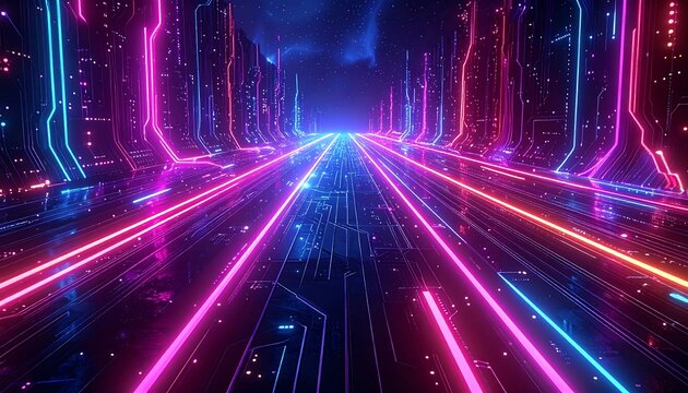 Futuristic digital landscape featuring neon circuits and pathways, leading towards a bright light amidst a starry cosmos