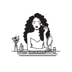 Black and white line art of a beautiful woman doing makeup at dressing table with mirror illustration
