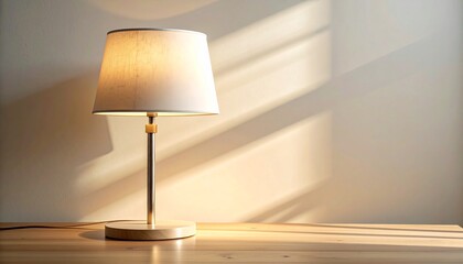 A minimalist still life featuring a glowing table lamp on a wooden surface, with warm morning sunlight casting long, soft shadows against a plain wall