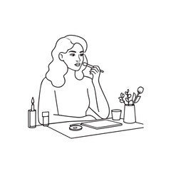 Black and white line art of a beautiful woman doing makeup at dressing table with mirror illustration
