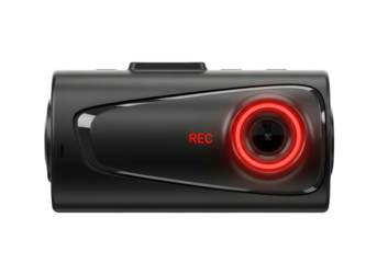A sleek black dashcam with a prominent red recording indicator, isolated on transparent background, capturing safety and technology in automotive recording