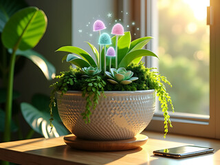 Eco-Tech Ceramic Planter with Floating Holographic Sensors and Overflowing Tropical Plantst