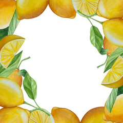 Watercolor lemon set. Half, slice, green leaf, branch of summer tropical fruit. Antiviral health food. Perfect for home decor, card making, cocktail menu.