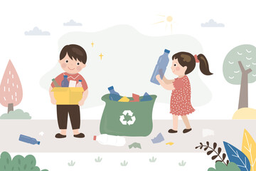 Happy kids collecting garbage into bag cleaning up in garden or park. Waste recycling. Children collecting trash. Environmental protection. Eco friendly, concept.