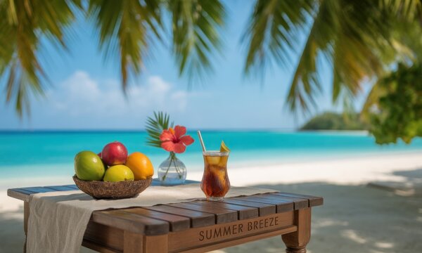 Tropical beachside table with drink and fruit