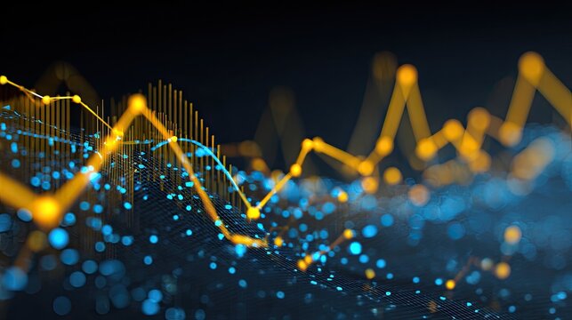 Abstract financial chart with yellow and blue lines and dots on a dark background.