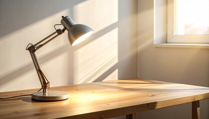 Desk Lamp Illuminating a Wooden Table with Sunlight