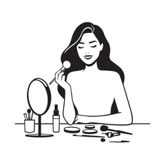 Black and white line art of a beautiful woman doing makeup at dressing table with mirror illustration
