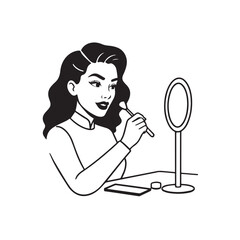 Black and white line art of a beautiful woman doing makeup at dressing table with mirror illustration
