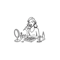 Black and white line art of a beautiful woman doing makeup at dressing table with mirror illustration
